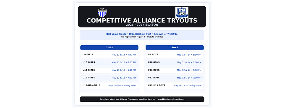 AYSO 128 ALLIANCE TRYOUTS